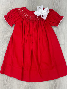 Girls Red SS Corduroy Smocked Pearl Bishop Dress