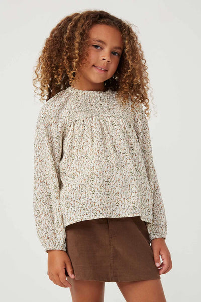 Ditsy Print Smocked Detail Long Sleeve Top