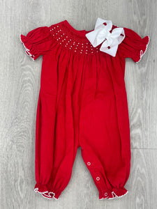 Girls Red SS Corduroy Smocked Pearl Bubble