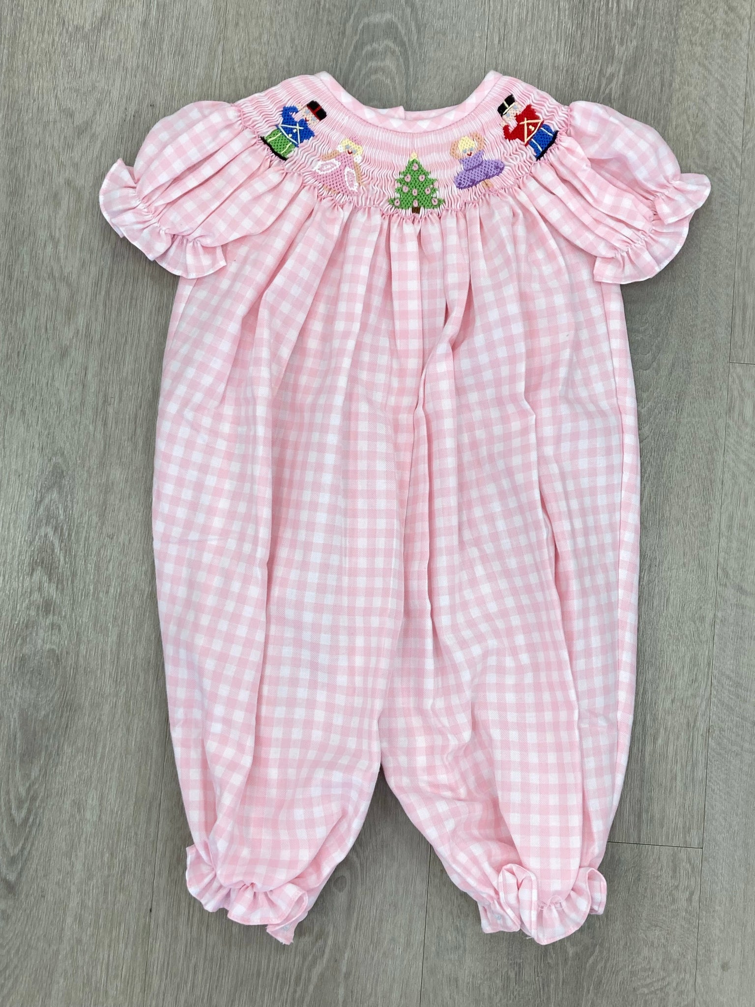 Girls Pink Check Smocked Nutcracker Long Bubble