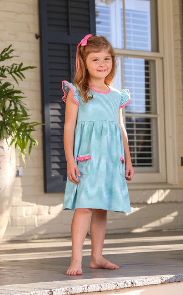 Lucy Dress- Mint Stripe and Pink