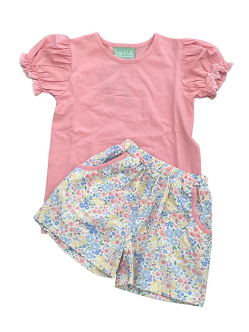 Pink/Blue Floral- Puff Sleeve Top/shorts