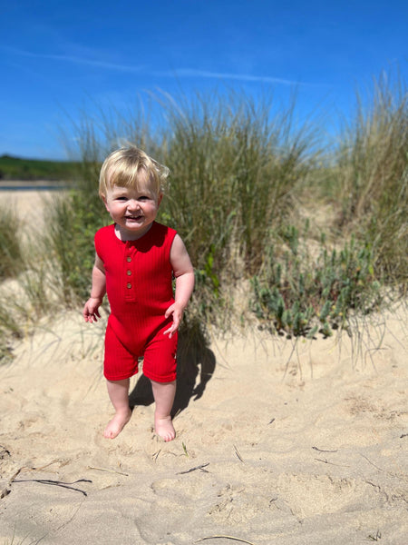 Ribbed Henley Playsuit- Red