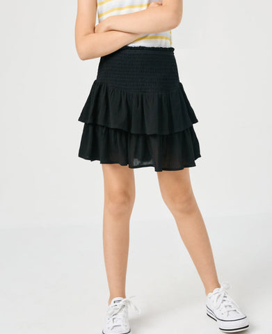 Smocked Ruffle Tiered Mini Skirt-Black